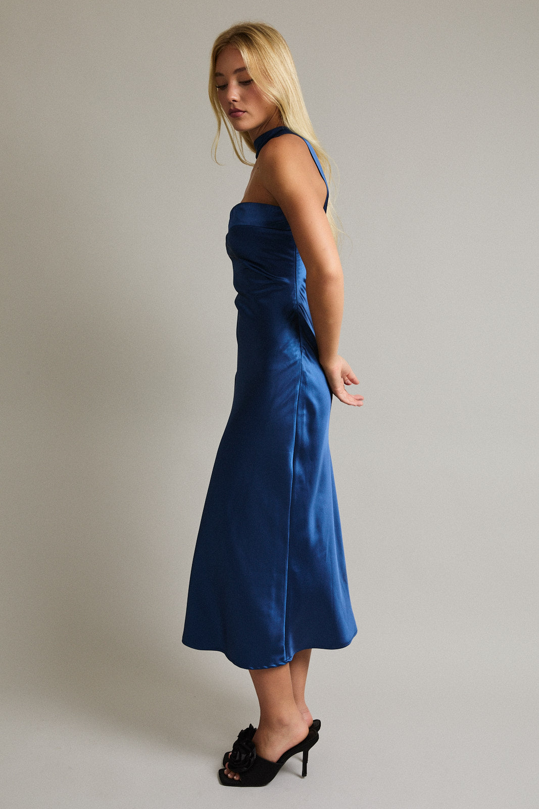 Strapless Scarf Satin Midi Dress