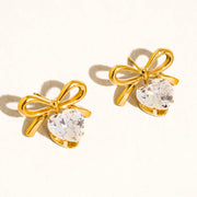 Melonie 18K Gold Non-Tarnish Cz Heart & Bow Earring