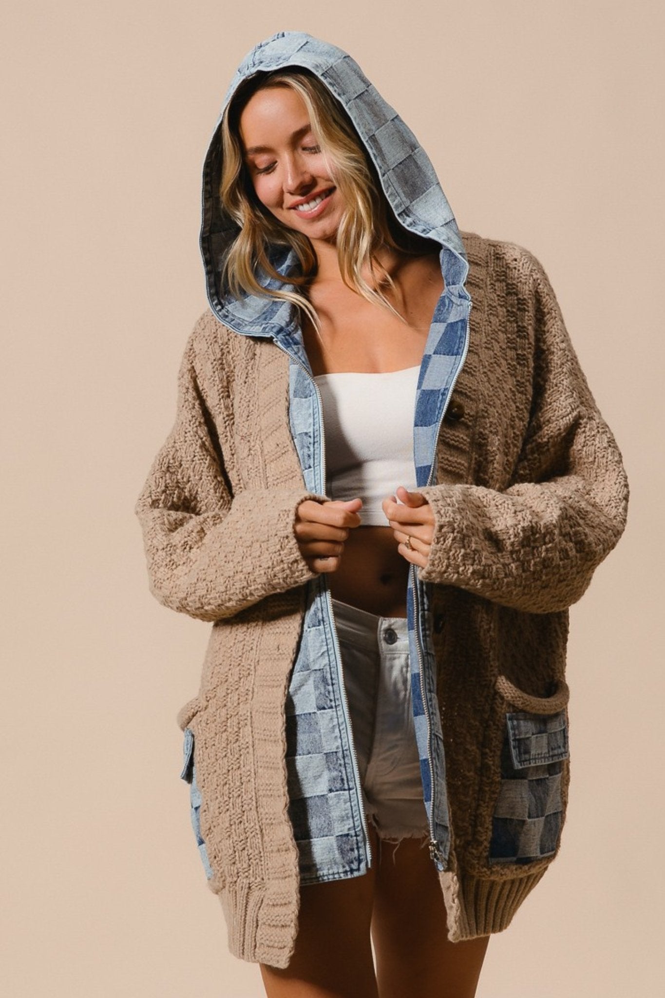 Washed Checker Denim Zip Up Sweater Cardigan in Latte/Denim - J
