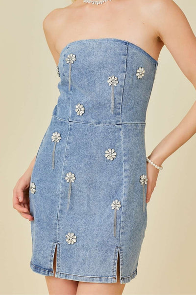 Main Strip: Falling Flower Stone Trim Denim Dress