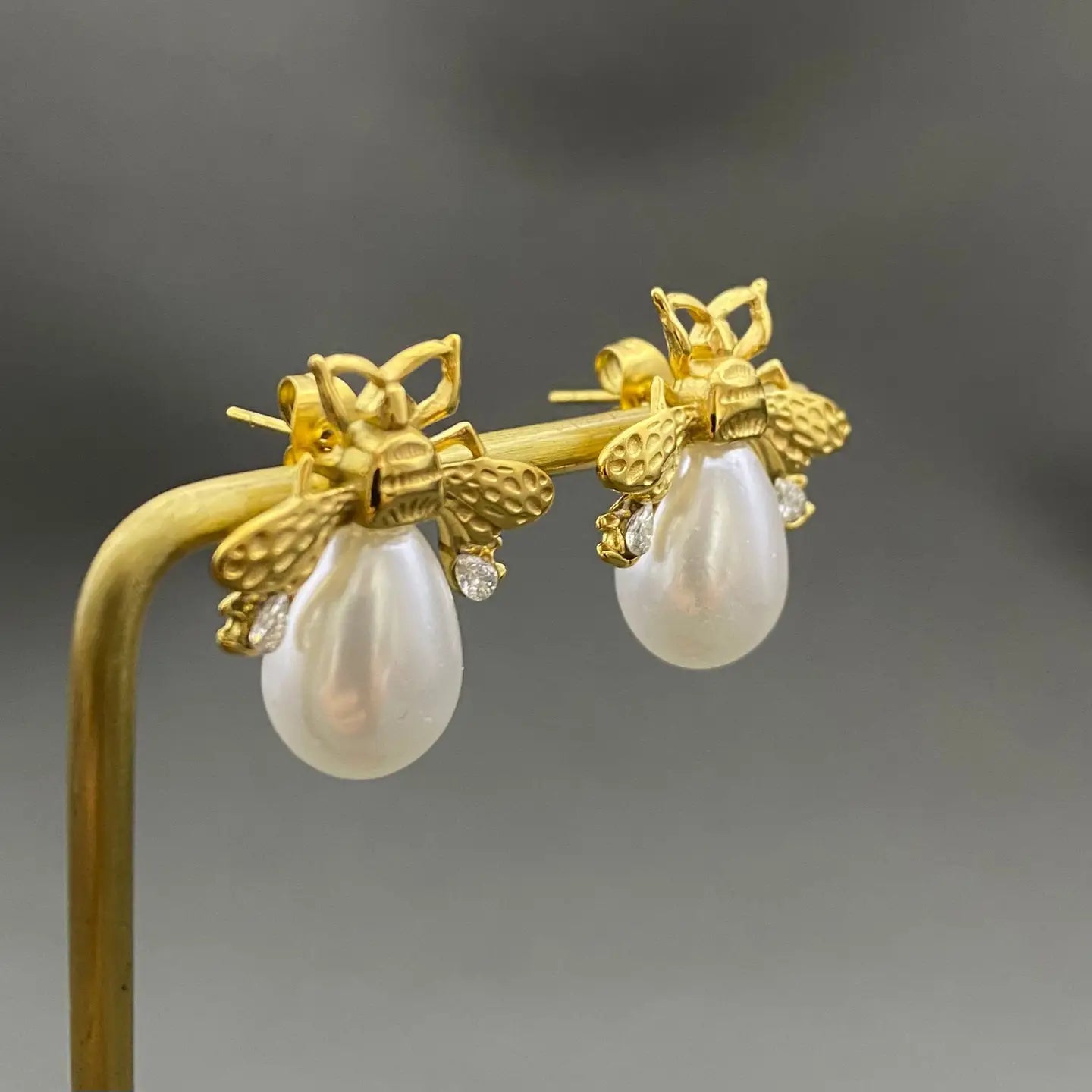 Pearl & CZ Bee Earrings in Gold