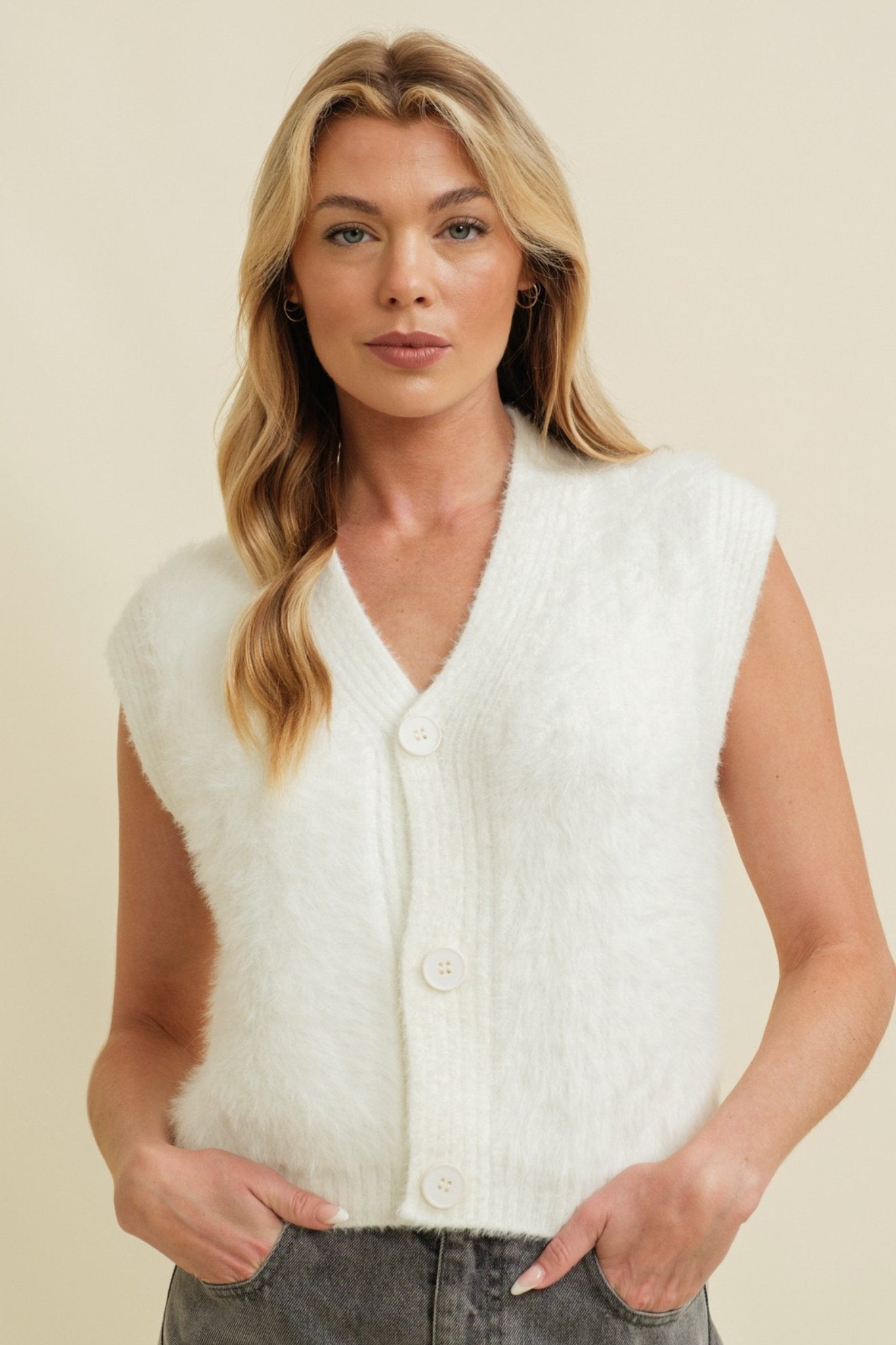 Fuzzy Ivory Sweater Vest with Buttons - J. Cole ShoesCLOUD TENFuzzy Ivory Sweater Vest with Buttons