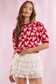 Hearts pattern short puff sleeve sweater - J. Cole ShoesPEACH LOVE CALIFORNIAHearts pattern short puff sleeve sweater
