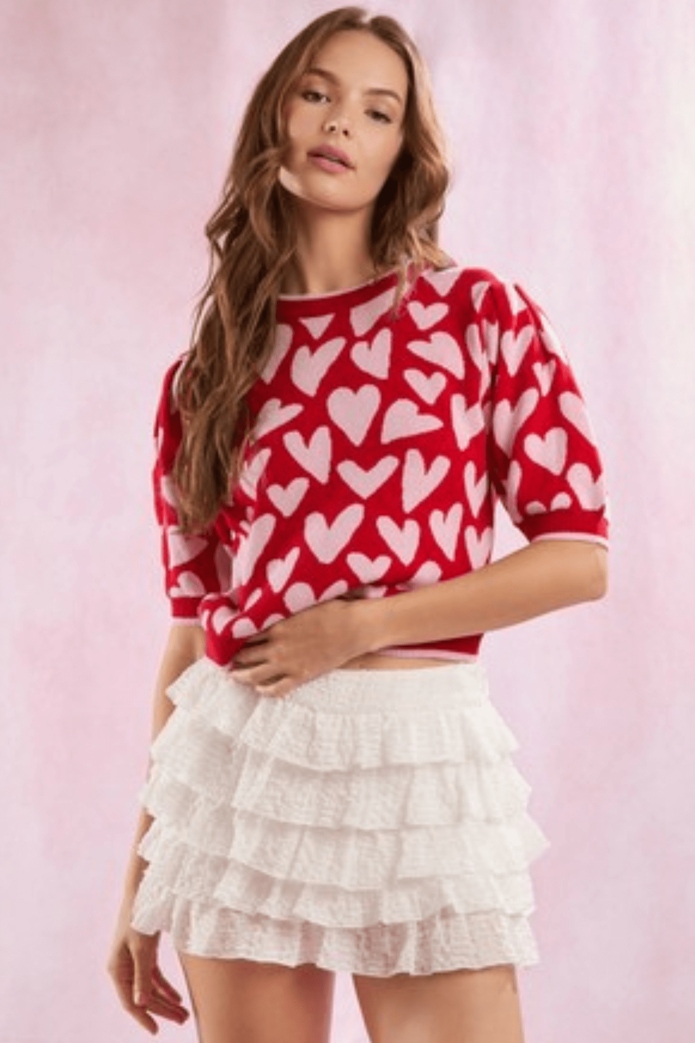Hearts pattern short puff sleeve sweater - J. Cole ShoesPEACH LOVE CALIFORNIAHearts pattern short puff sleeve sweater