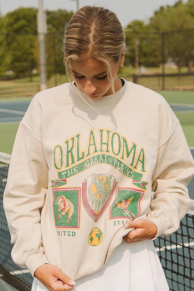 Oklahoma Patch Thrifted Sweatshirt in Sand - J. Cole ShoesLIVY LUOklahoma Patch Thrifted Sweatshirt in Sand