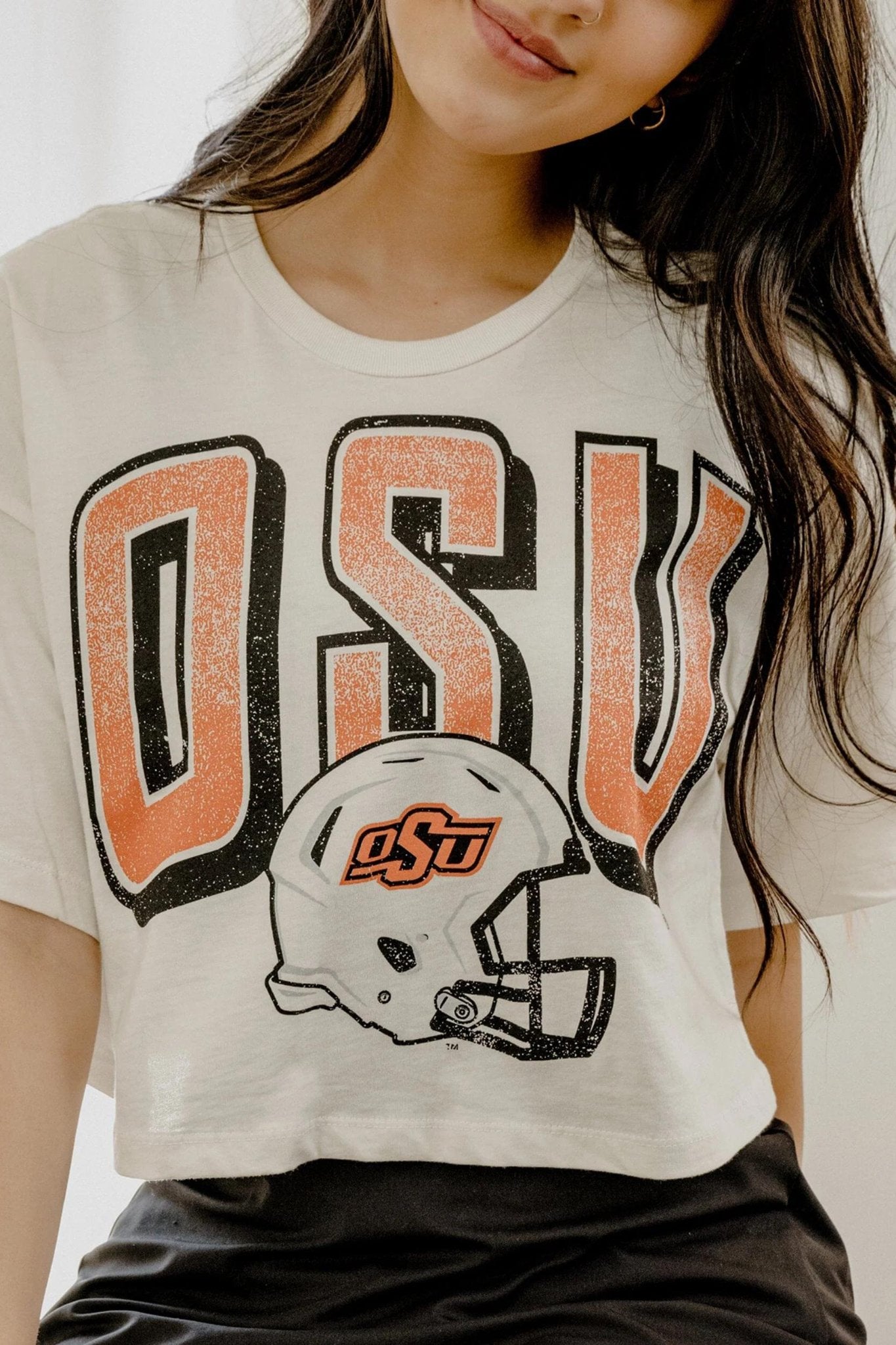 fade football helmet OSU Cowboys Helmet Fade Cropped Tee in Off White