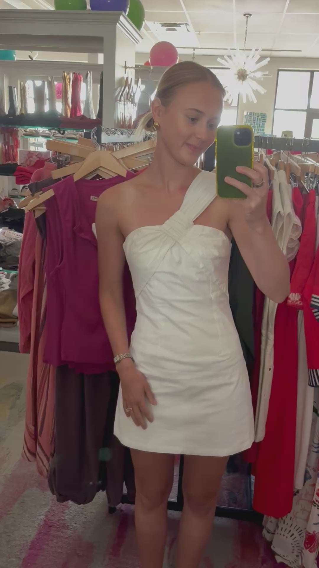 Load video: Baby Pink Women's White Single Shoulder Strap Mini Dress