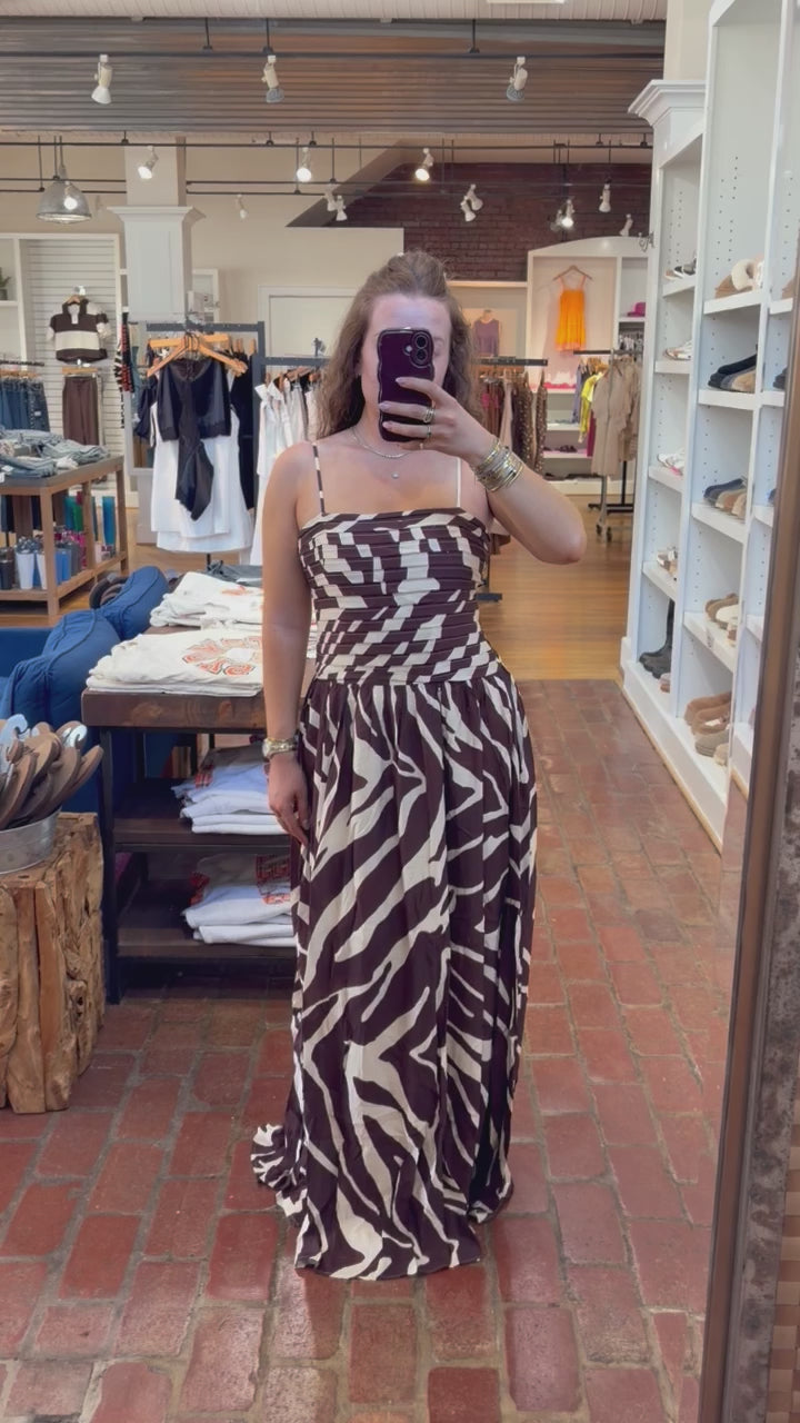 Load video: Women's Ruched Animal Print Maxi Dress With Tie Back Detail in Mocha Combo