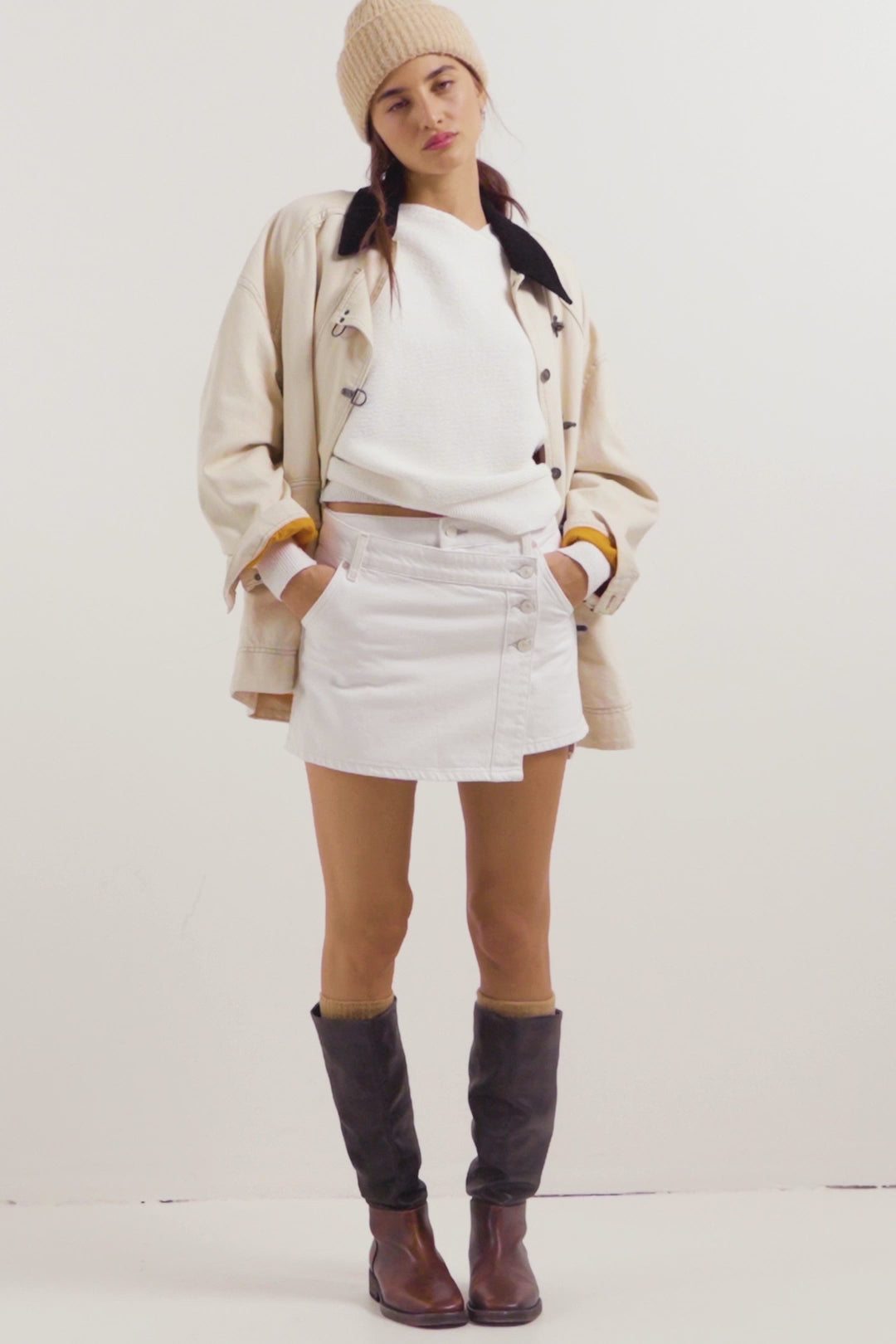 Load video: Free People: Wynne Denim Skirt in Bright White