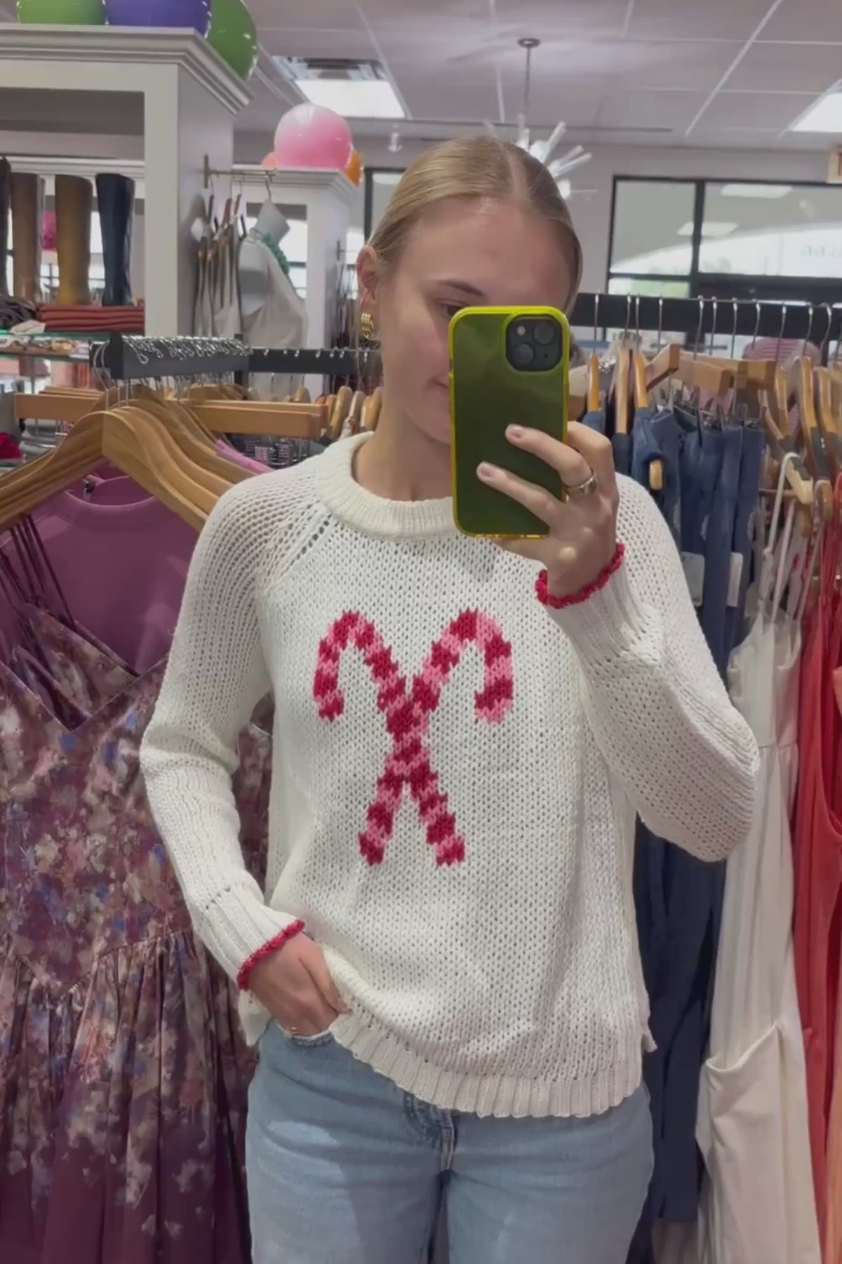 Load video: Wooden Ships Women's White/Red/Pretty Pink Candy Cane Chunky Cotton Sweater