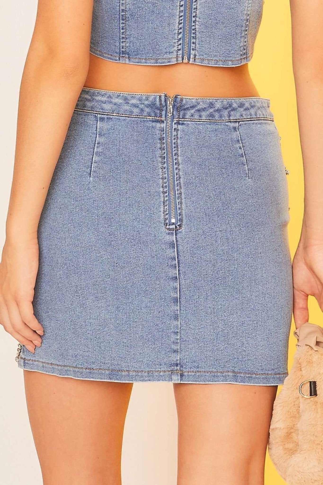 Rhinestore Denim Mini Skirt - J. Cole ShoesMAIN STRIP APPARELRhinestore Denim Mini Skirt
