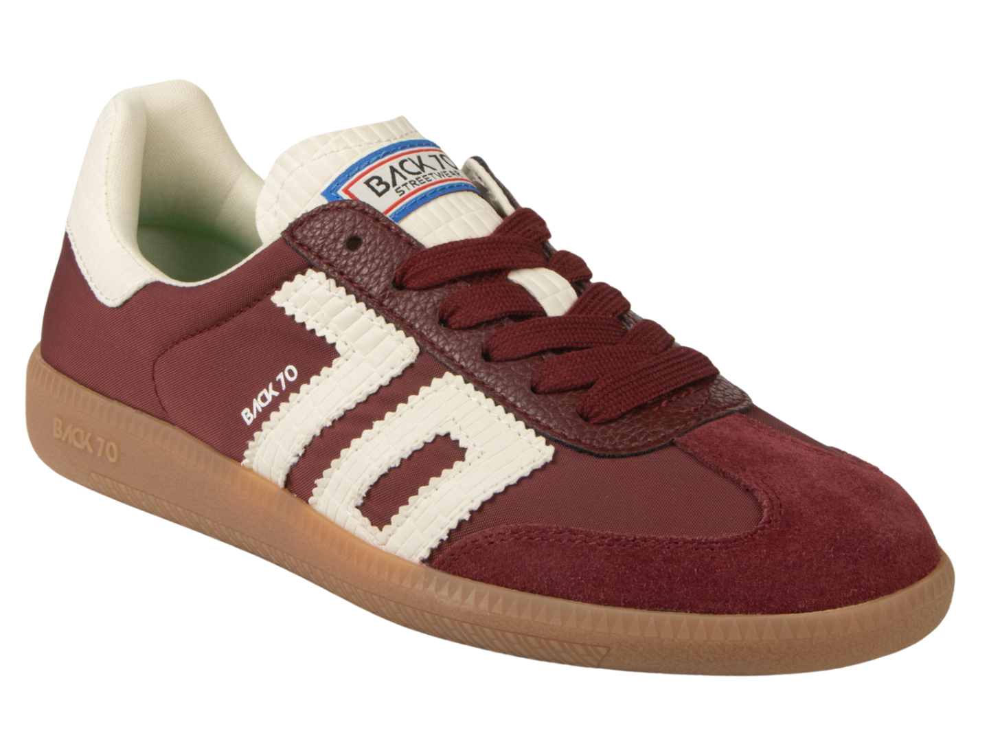 Maroon sneaker with white stripes and visible brand logo on a white background