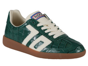 Green crocodile-patterned sneaker with white laces and brown sole on a white background