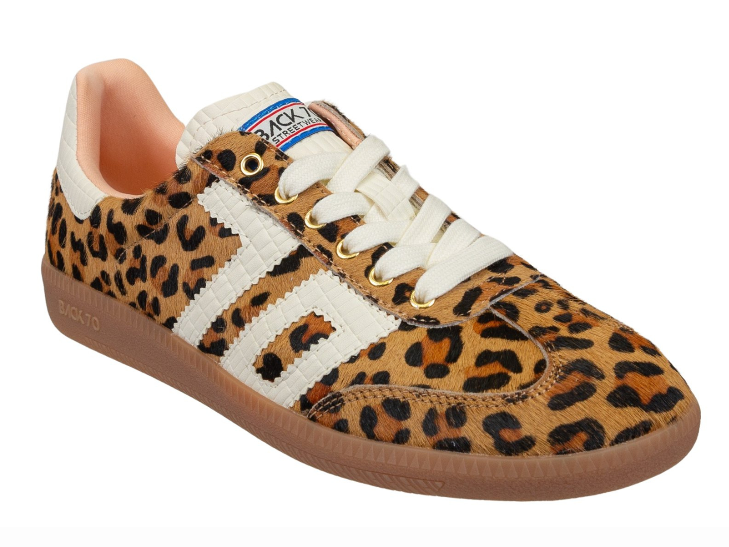 Leopard print sneaker with white stripes on a white background