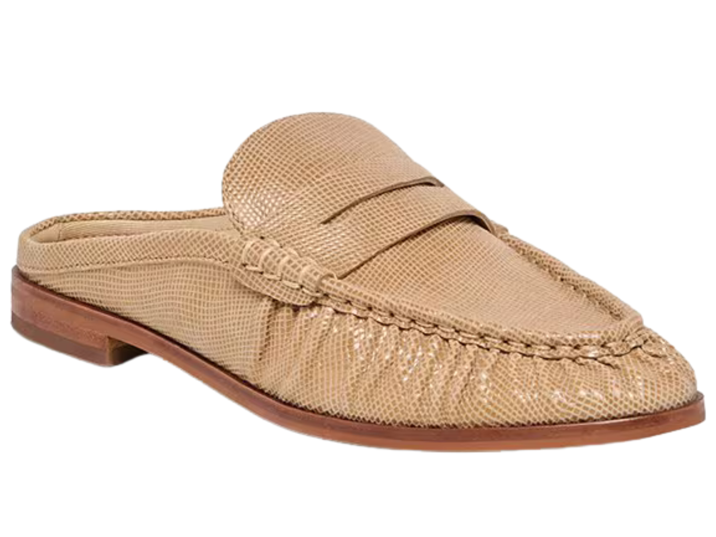 A single tan textured slip-on loafer mule with a braided detail across the instep and a brown stacked heel, shown on a plain white background.