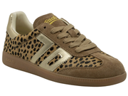 A low-top sneaker featuring a leopard print pattern on a tan base, suede overlays in brown, beige laces, and a gum sole. The brand name 'Sneaker' is printed in yellow on the tongue.