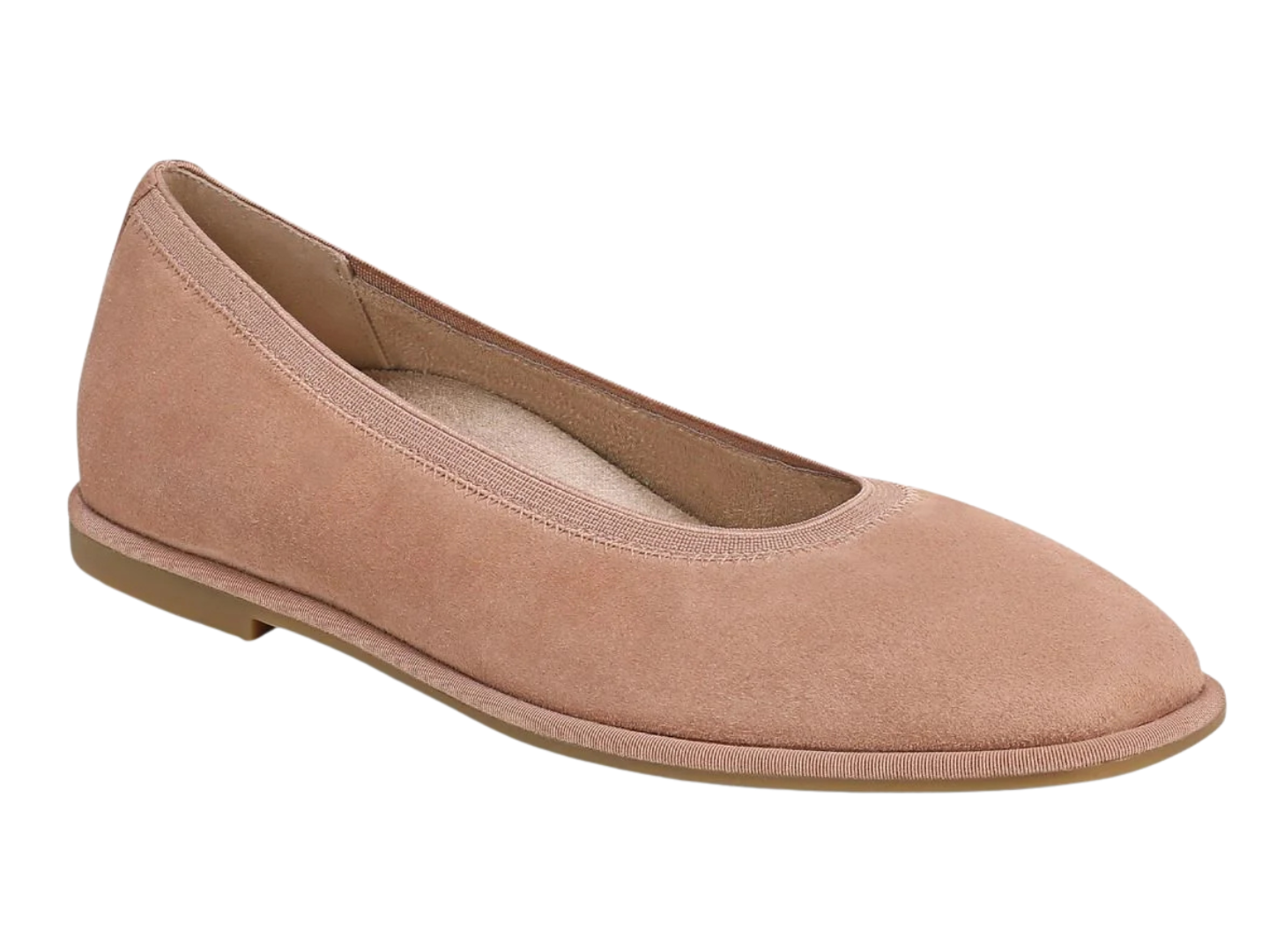 A single women's ballet flat shoe in a dusty rose pink suede material, shown from a side profile view against a plain white background.
