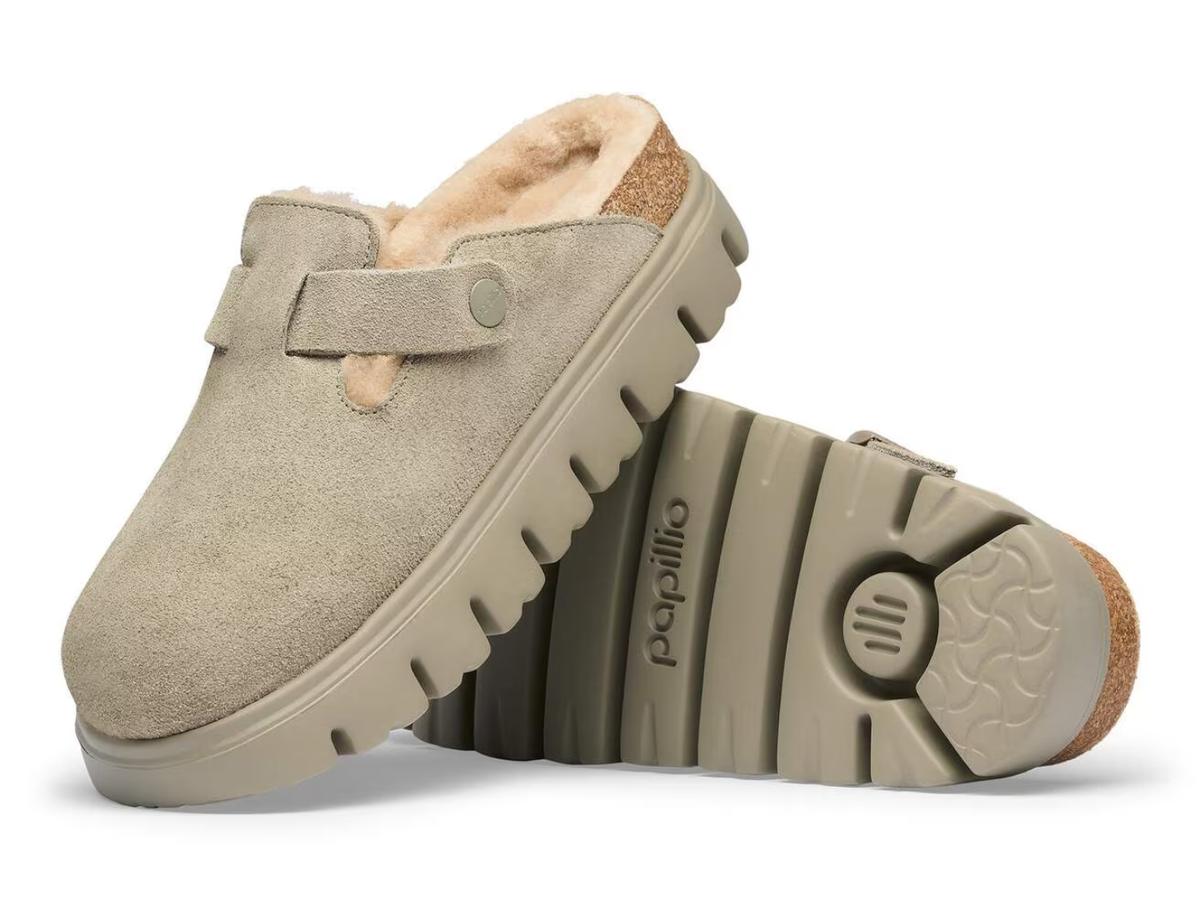 Birkenstock Women's Boston Chunky Shearling Suede Taupe Narrow Clog