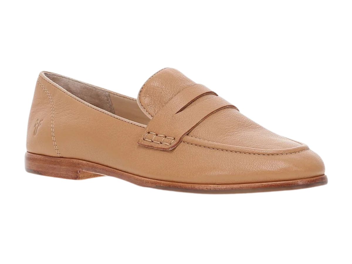 A tan leather penny loafer shown from a side profile view against a plain white background.