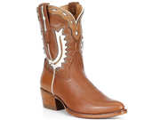 A single brown leather cowboy boot with white western embroidery and a low stacked heel, shown on a plain white background.