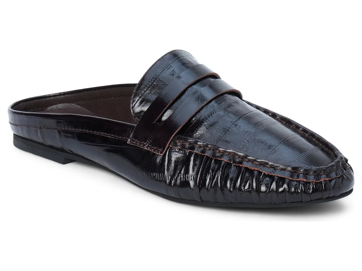 A single black mule loafer with a glossy crocodile-embossed texture, featuring a wide strap across the instep and decorative stitching along the vamp, shown on a white background.