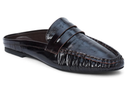 A single black mule loafer with a glossy crocodile-embossed texture, featuring a wide strap across the instep and decorative stitching along the vamp, shown on a white background.