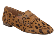 A single tan and black leopard-print loafer shoe on a solid white background.