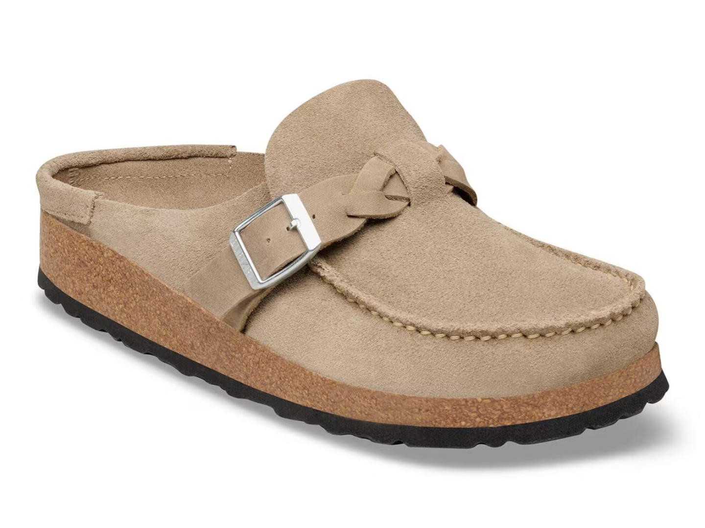 A light tan suede clog shoe with a brown cork midsole, black outsole, and a silver buckle strap, shown on a white background.