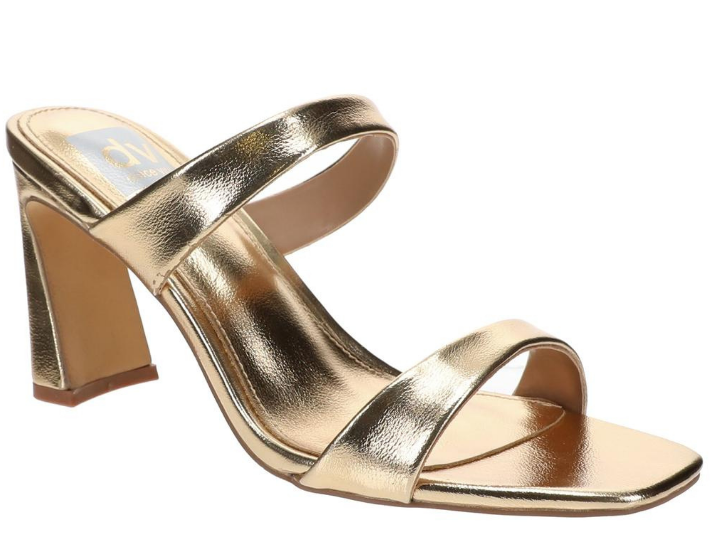 A metallic gold block-heel sandal with a square toe and a single wrap-around strap, shown from a three-quarters angle on a white background.