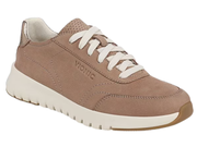 A Vionic low-top sneaker in taupe brown suede with white laces and a thick white midsole, shown from a three-quarters angle on a white background.