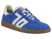 A blue suede and canvas low-top sneaker with white zigzag side stripes, white laces, a cream collar, and a brown gum sole. The brand name 'BACK TO 70' is printed on the side and midsole.