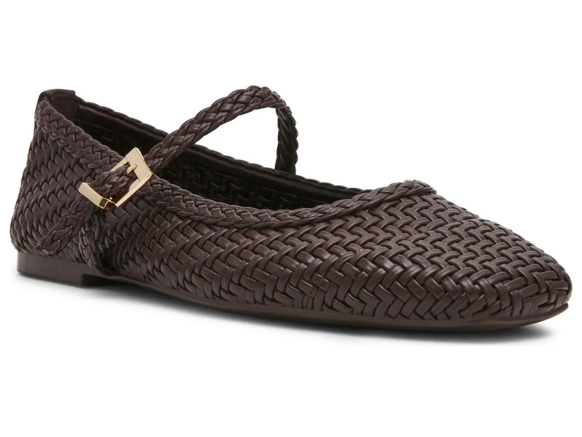 A dark brown woven leather ballet flat with a braided strap and a gold-tone buckle, shown from a side profile on a white background.
