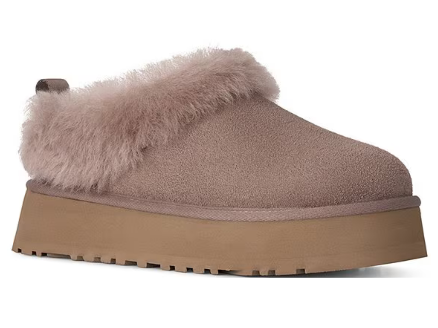 A single slip-on mule slipper in taupe faux suede with a thick tan platform sole and fluffy taupe faux-fur trim, shown from a side profile on a white background.