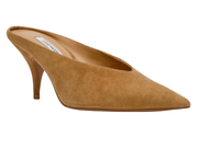 A single tan suede pointed-toe mule high heel on a plain white background.