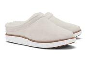 A pair of off-white slip-on clogs with soft white faux-fur lining and thick white platform soles, shown on a clean white background.