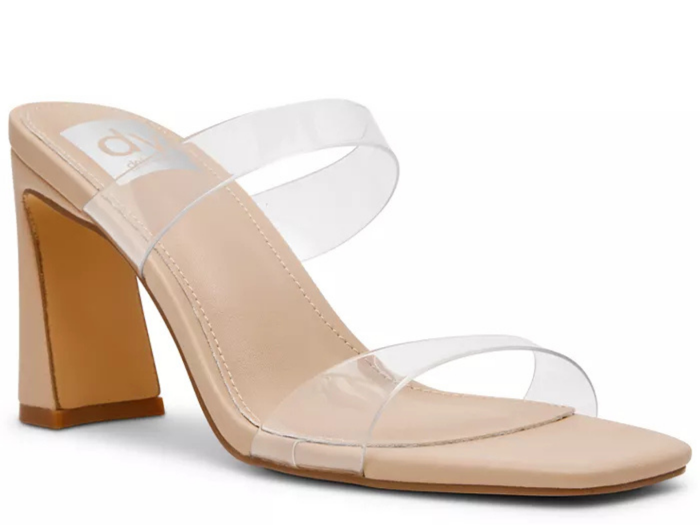 A single beige block-heel mule sandal with transparent plastic straps, shown from a side profile on a white background.
