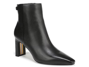A black leather ankle boot with a pointed toe and a block heel featuring a gold and beige stripe detail, shown against a plain white background.
