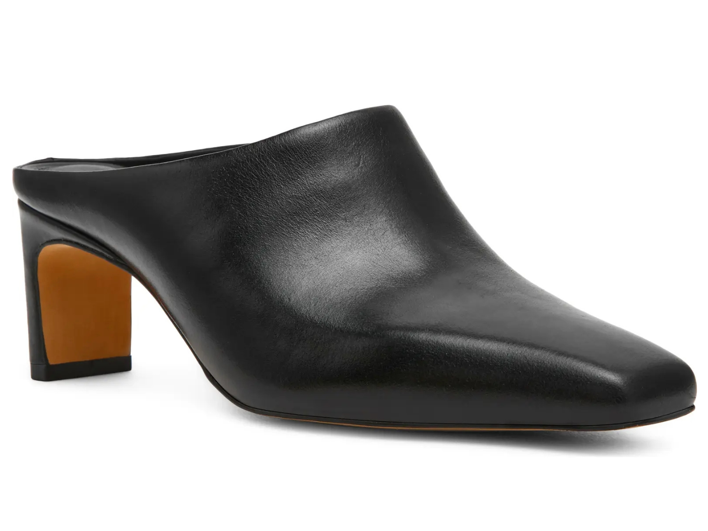 A black leather mule heel shoe with a pointed toe and a block heel, shown from a side profile on a white background.
