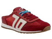 A red suede and mesh low-top sneaker with a white side stripe, red laces, a light blue lace accent, and a gum sole, shown on a white background.