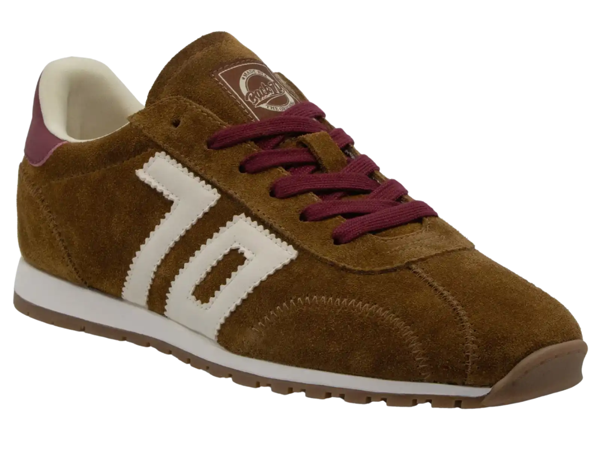 A brown suede sneaker with a large white '70' on the side, burgundy laces, and a white midsole, shown against a plain white background.