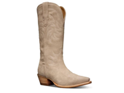 A single light beige western cowboy boot with a pointed toe and stacked wood-look heel, shown against a plain white background.