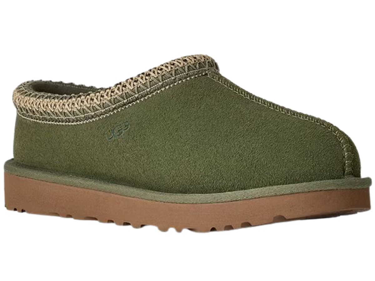 An olive green slip-on clog-style shoe with a tan textured knit trim around the collar and a brown sole, shown on a plain white background.