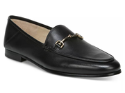 A black leather loafer with a gold-tone horsebit detail on the vamp, shown from a three-quarters angle on a white background.