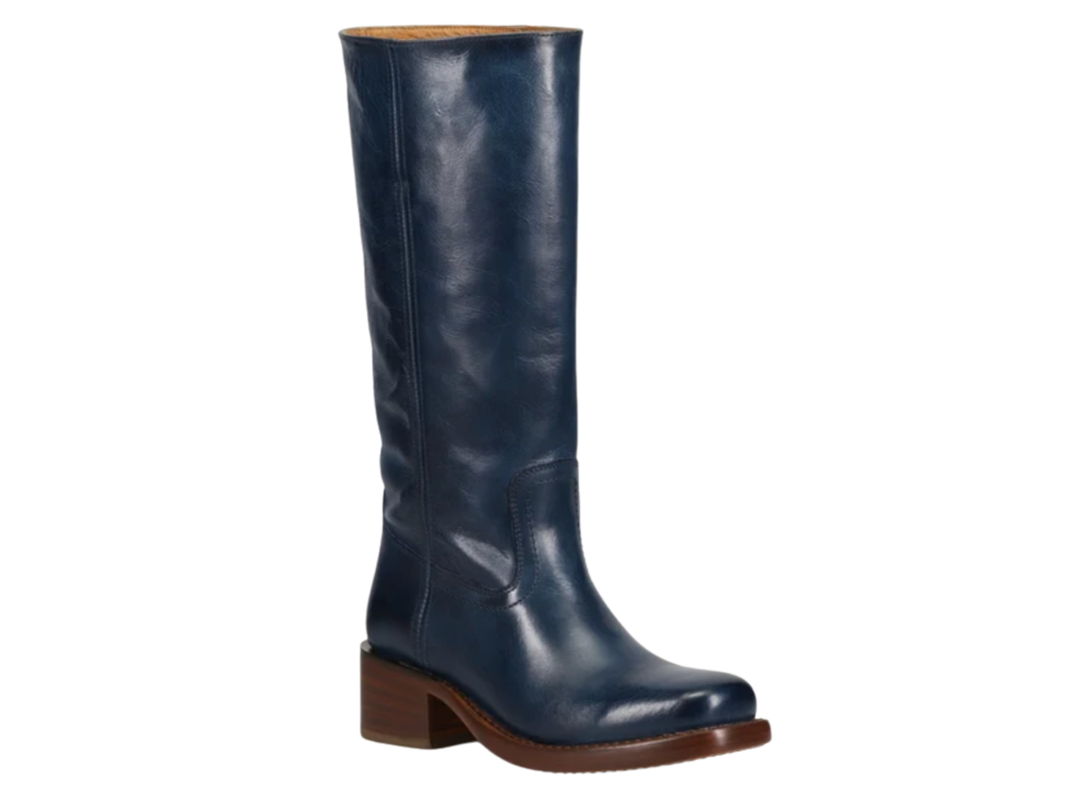 A single tall knee-high boot in dark navy blue leather with a brown block heel and sole, shown from a side profile on a plain white background.