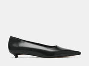 A single black patent leather pointed-toe flat shoe with a kitten heel, shown in a side profile against a light gray background.