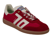 A red suede and canvas low-top sneaker with white textured side stripes, white laces, a cream collar, and a brown gum sole. The brand 'Backto' is visible on the tongue and side.