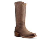 A single brown leather cowboy boot with a square toe and stacked wooden heel, shown from a side profile on a white background.