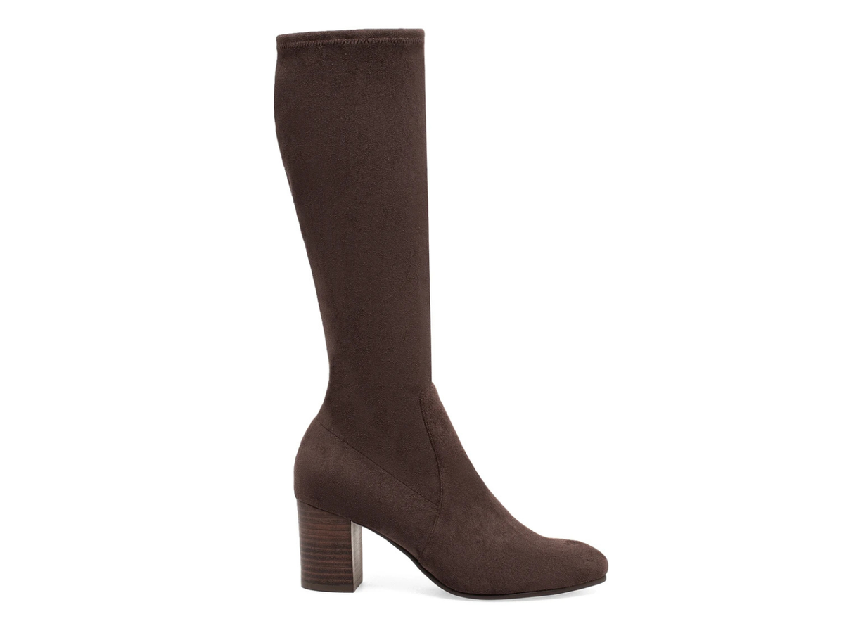 Brown knee-high boot with a buckle on a white background