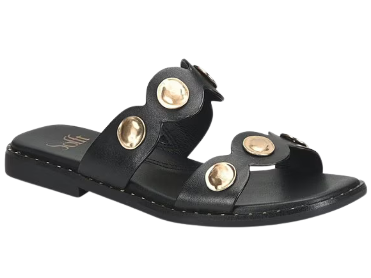 A black leather slide sandal featuring decorative gold-tone metal studs and a small black bow detail on the straps, set against a plain white background.