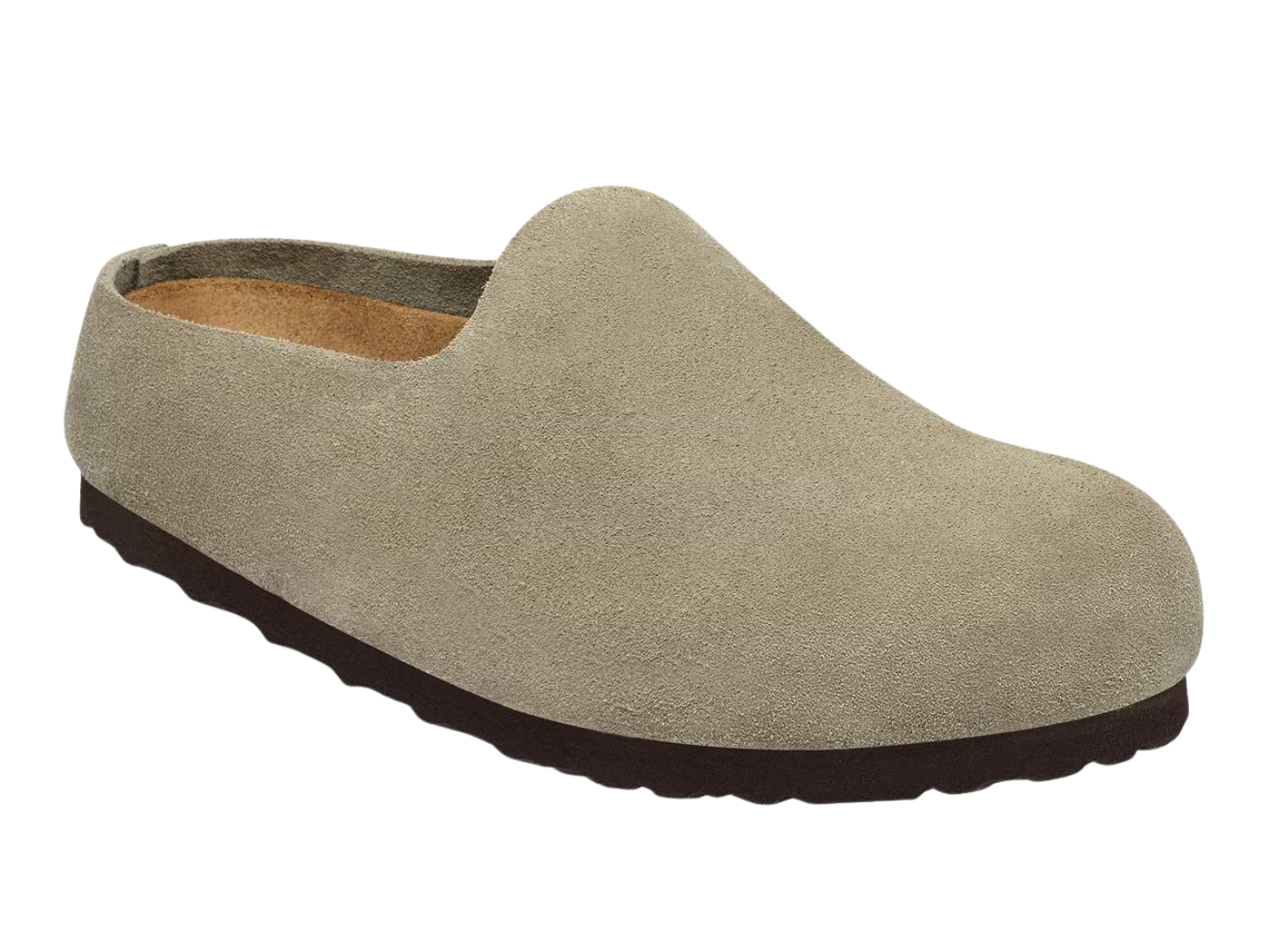 A single slip-on clog shoe in light taupe suede with a dark brown sole, shown from a side profile on a white background.